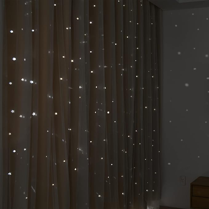 Kinryb Blackout Curtains for Girl Bedroom/Living Room/Classroom, Sheer Overlay 63 Inches 2 Panel Set, Double Layer Curtains with Star Cutout for Kids Room(W 52 x L 63 Inches,Beige 2 Pcs)