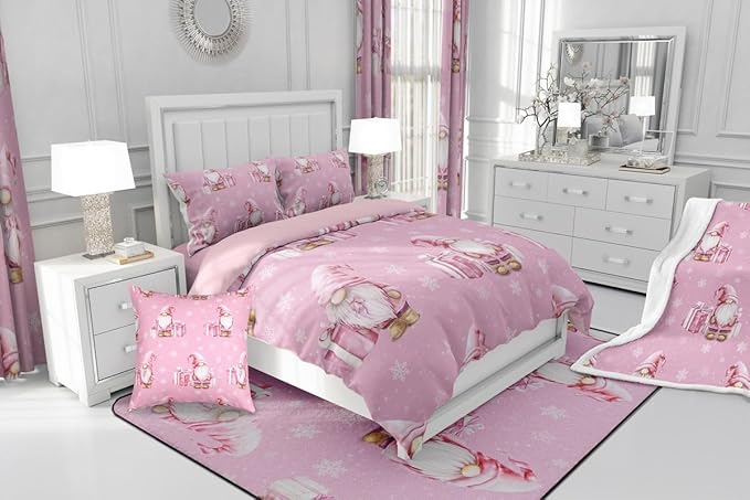 Feelyou Pink Christmas Bedding Set Soft for Boys Girls, Scandinavian Christmas Santa Gnomes Comforter Set Queen Size Xmas Snowflake Duvet Quilt Bedroom Decor 3 Pcs with 2 Pillow Cases