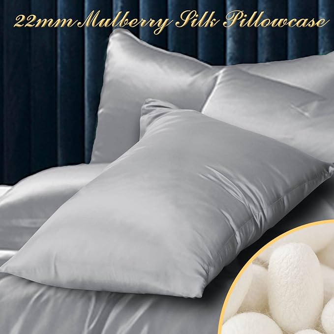 100% Mulberry Silk Pillowcase 2 Pack for Hair and Skin,with Hidden Zipper,Both Sides 22 Momme Natural Silk Pillow Cover,Soft Breathable & Smooth (Gray, Queen)