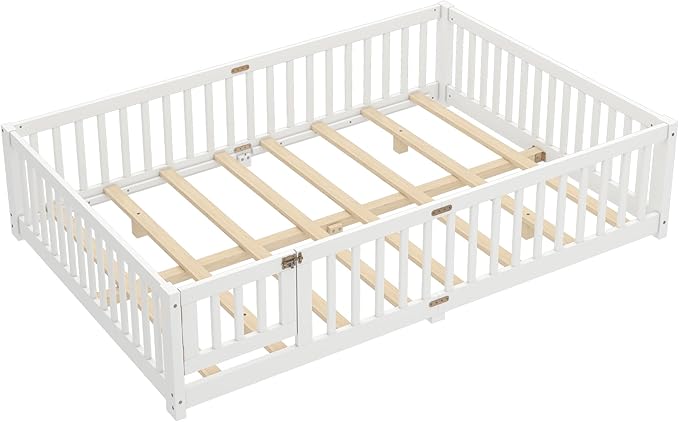 Bellemave Queen Size Floor Bed for Kids, Girls, Boys, Wood Floor Bed with slats and Door, White