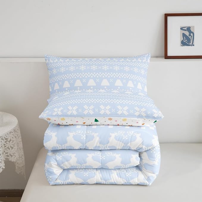 Feelyou Christmas Bedding Set for Kids Boys Girls Twin Size Xmas Deer Decor Comforter Set Ultra Soft Xmas Snowflake Comforter Winter Duvet Quilt Bedroom Decor Christmas Decorations Quilt