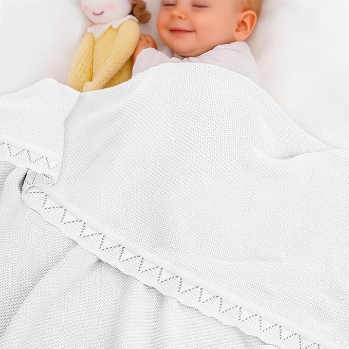 Baby Knit Blanket Soft Breathable Cotton Scallop Border Blankets Newborn Knitted Blanket Swaddle Blankets Gifts for Baby Newborn Toddler Shower Boy Girl New Mom Birthday Christmas White 28x36