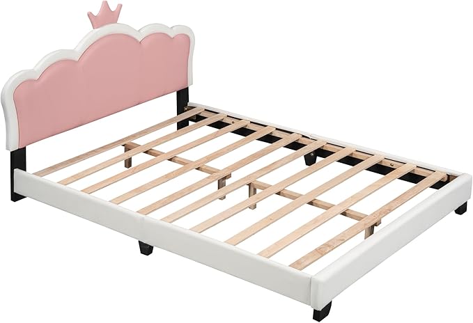 CITYLIGHT Full Size Pink Cute Bed, PU Upholstered Girl's Platform Bed Frame with Crown Headboard, Full Bed Frame for Kids and Teens, White+Pink