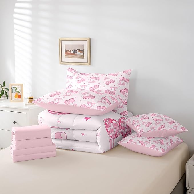 7 Pieces Bowknot Princess Kids Comforter Set King,Disco Crystal Ball Western Cowgirl Bedding Set,Starry Sky Bow Tie Romantic Pink Girly（Comforter+Fitted+Flat Sheet+2 Pillowcases+2 Throw Pillow Covers）