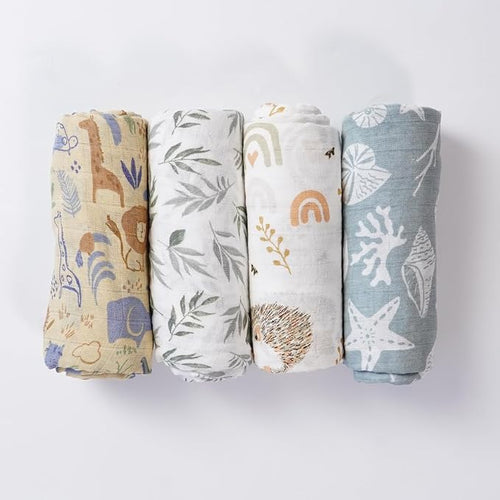 4 Set Muslin Swaddle Blankets for Newborn Baby Boys, Girls,Receiving Blankets-Cute Soft Print Baby Towel Wrap 120x110cm Baby (Animal)