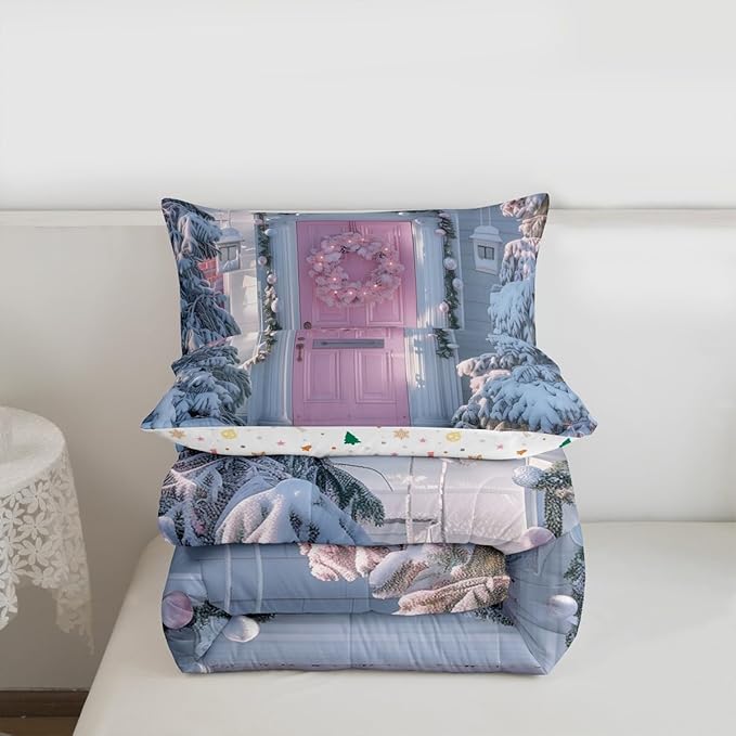 Feelyou Winter Snowscape Bedding Set Soft for Boys Girls, Merry Christmas Comforter Set Twin Size Pink Door Duvet Quilt Microfiber Garland Xmas Tree Bedroom Decor 2 Pcs with 1 Pillow Cases