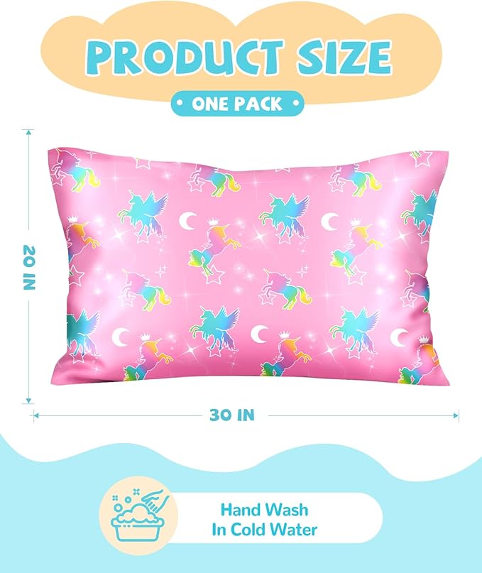 Silk Pillowcase for Kids - 30 x 20 Inches Queen Size Mulberry Silk Pillow Case with Zipper Cute Cartoon Kawaii Teens Girls Boys Pillowcase for Hair and Skin, Colorful Unicorn