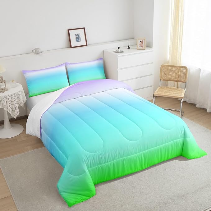 Feelyou Blue Green Ombre Comforter Queen Size, Colorful Gradient Comforter Set for Boys Girls Rainbow Ombre Bedding Set Luxury Modern Duvet Set Decorative Microfiber Bed Set