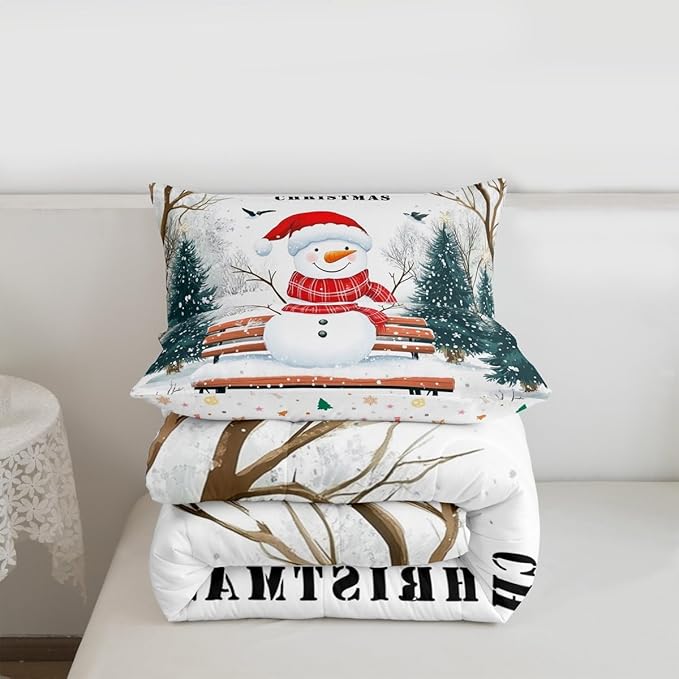 Feelyou Merry Christmas Comforter Set King Size Cute Snowman Bedding Set for Kids Boys Girls Snowflake Duvet Quilt Christmas Tree Bedroom Decor Microfiber 3 Pcs with 2 Pillow Cases