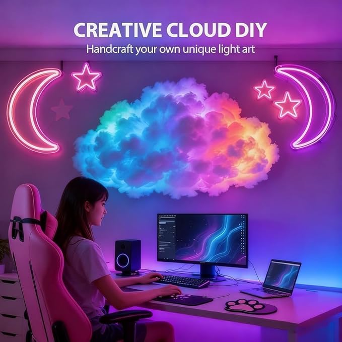 LED Cloud Light with Music Rhythm,DIY USB-Powered Thundercloud LED Light Decor for Bedroom & Gaming Room - USB Powered,Vibrant Glow, No Drill Roof for Christmas/New Year Gifts (19.6ft)