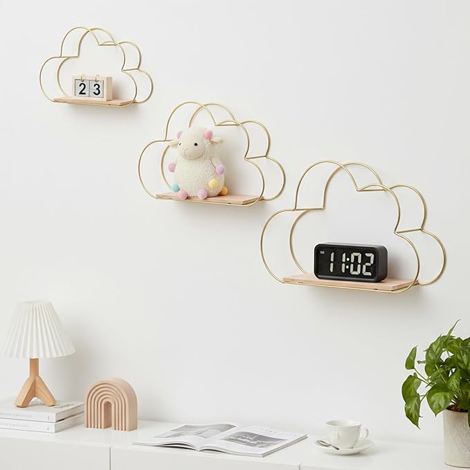 Golden Cloud Shape Floating Shelves Wall Decor,Gold Metal Wire and Wood Base Wall Mounted Shelf Decorations for Home Bedroom Living Room Set of 3