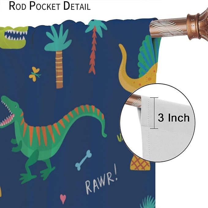 Funny Dinosaur Blackout Curtains Colorful Cartoon Animals Dino Tropical Plant Art Print for Kids Boys Bedroom Living Room Rod Pocket Decoration Window Drapes 2 Panels W21xL45in