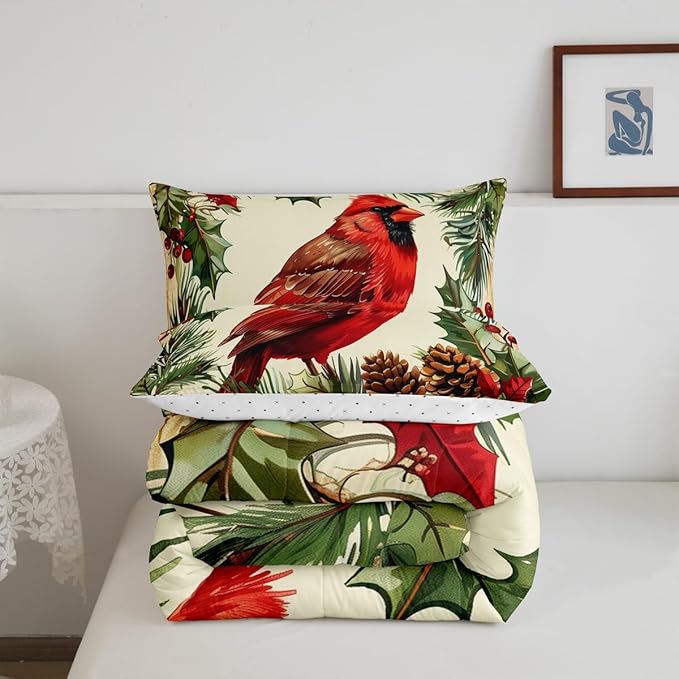 jejeloiu Kids Red Cardinal Comforter Set Full Size Christmas Tree Green Plants Bedding Set for Boys Girls Teens Xmas Birds Animal Winter Happy New Year Duvet Quilt Room Decor