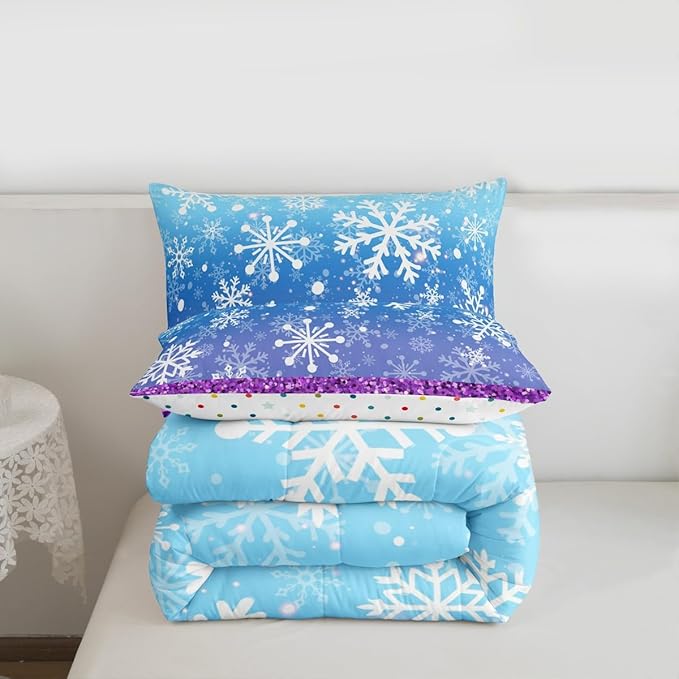Feelyou Winter Snowflake Comforter Set All Season Glitter Print Bedding Set with 1 Pillow Cases Christmas Microfiber Kids Twin Bedclothes Holiday New Year Bedroom Decor Duvet Quilt Soft Lightweight
