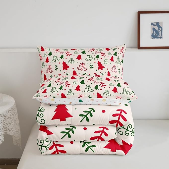 Castle Fairy Christmas Trees Full Size Comforter Set,Red Green Pine Plant Hand Sketch Bedding Comforters Bedroom Collection,Winter Xmas Natural Botanical Bedding Set for Girls Teens