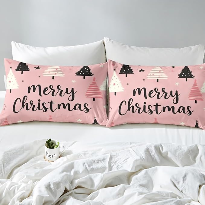 Feelyou Merry Christmas Bedding Set Christmas Tree Duvet Cover for Kids Boys Girls Stars Print Comforter Cover Pink Christmas Bedspread Cover with 2 Pillowcases 3Pcs Bedding Queen,No Comforter