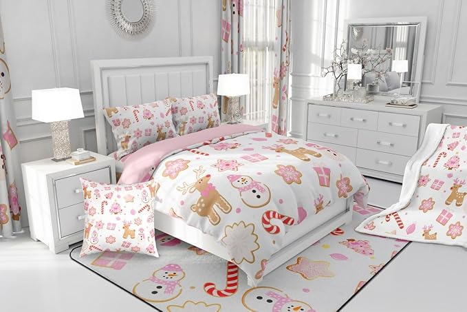 Feelyou Pink Christmas Comforter Set King Size Snowman Deer Bedding Set for Kids Boys Girls Snowflake Duvet Quilt Bedroom Decor Microfiber 3 Pcs with 2 Pillow Cases