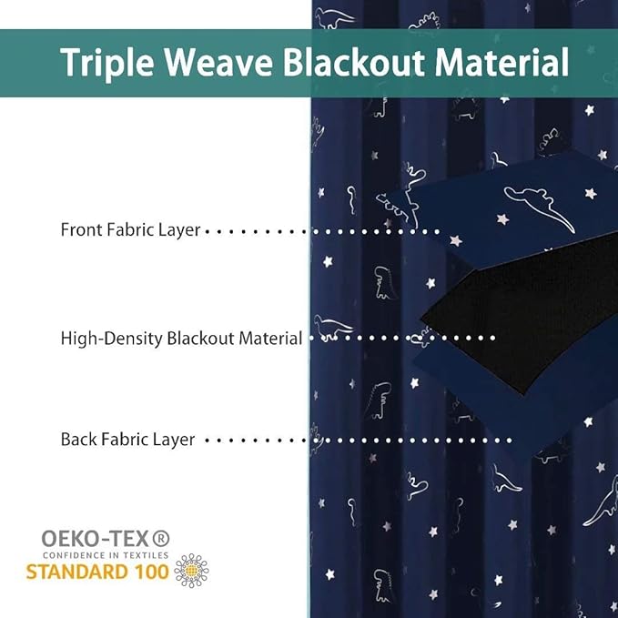 LORDTEX Dinosaur and Star Foil Print Blackout Curtains for Kids Room - Thermal Insulated Curtains Noise Reducing Window Drapes for Boys and Girls Bedroom, 52 x 84 Inch, Navy, Set of 2 Panels