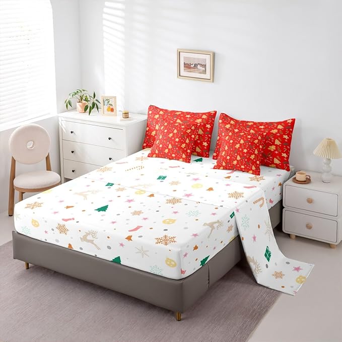 Feelyou Christmas Tree Comforter Set King Size 7 Pieces Cute Gingerbread Man Bedding Set for Kids Boys Girls Red Botanical Bed in a Bag Reversible Xmas Decor Bedroom Quilted Breathable Soft