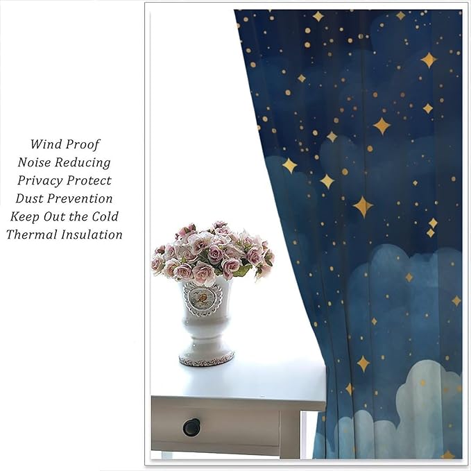 Night Sky Stars Curtain for Kids, Blue Starry Space Galaxy Pattern Window Treatments for Boys Girls Bedroom Toddlers Room Living Room 55" W X 63" L