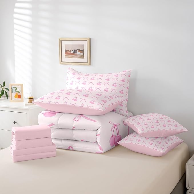 Manfei 7 Pieces Cartoon Bowknot Kids Comforter Set Full,Pink Bow Tie Butterfly Knot Princess Bedding Set,Cherry Bow Patchwork Romantic（Comforter+Fitted+Flat Sheet+2 Pillowcases+2 Throw Pillow Covers）
