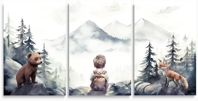 Baby Boy with Animals Adventure Nursery Decor, Adventure Toddler Decor, Watercolor Woodland Forest Nursery Wall Decor for Boy's Bedroom, Outdoor Children's Room Decor Print, Framed Set of 3, 16"x24"
