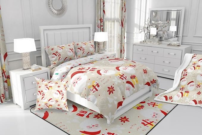 jejeloiu Santa Claus Comforter Set Twin Size Merry Christmas Bedding Set for Kids Boys Girls Xmas Themed Duvet Quilt Beige Bedroom Decor