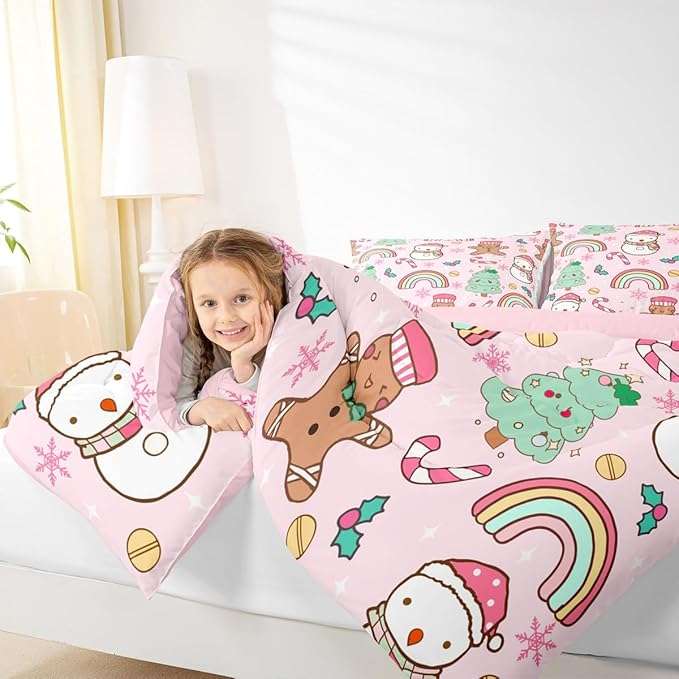 Feelyou Christmas Kids Comforter Set King Size Merry Christmas Tree and Snowman Bedding Set Gingerbread Man Duvet Quilt for Kids Boys Girls Bedroom Rainbow Print Decor Snowflake Ultra Soft Breathable