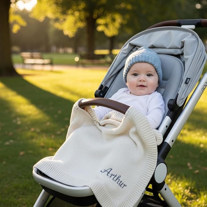 Personalized Baby Blanket with Name - Customized Baby Blanket for Boys & Girls - Embroidered Baby Name Blanket - Monogrammed Newborn Gift - 100% GOTS Certified Organic Cotton (Grey Blue)