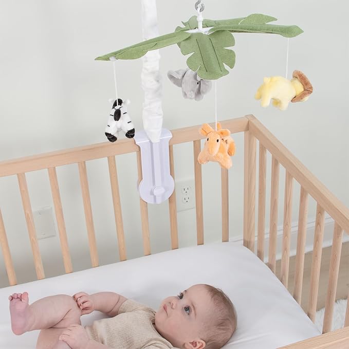 The Peanutshell Crib Mobile for Boys or Girls - White Musical Baby Crib Mobile with 12 Lullabies, Jungle Animal, Baby Safari Animals Nursery Decor