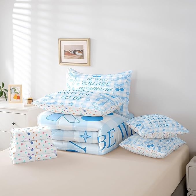 7 Pieces Blue Bowknot Comforter Set King,Cartoon Cherry Stars Daisy Flowers Princess Bedding Set,Bow Geometric Plaids Patchwork Dreamy（Comforter+Fitted+Flat Sheet+2 Pillowcases+2 Throw Pillow Covers）