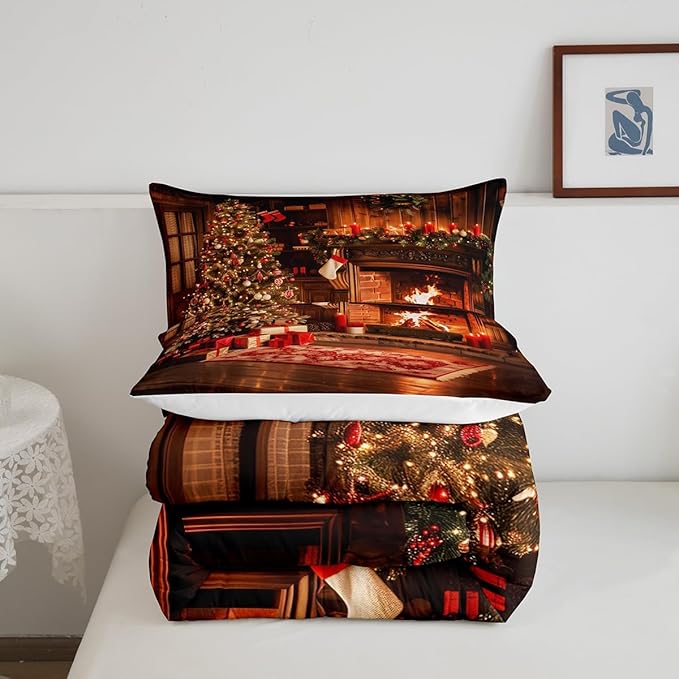 Xmas Theme Bedding Set Full Size, Vintage Christmas Fireplace Tree Comforter Set for Kids Boys Girls Room Decor, Merry Christmas Duvet Insert 3Pcs, Pine Tree Luxury Quilt Set, 2 Pillowcases
