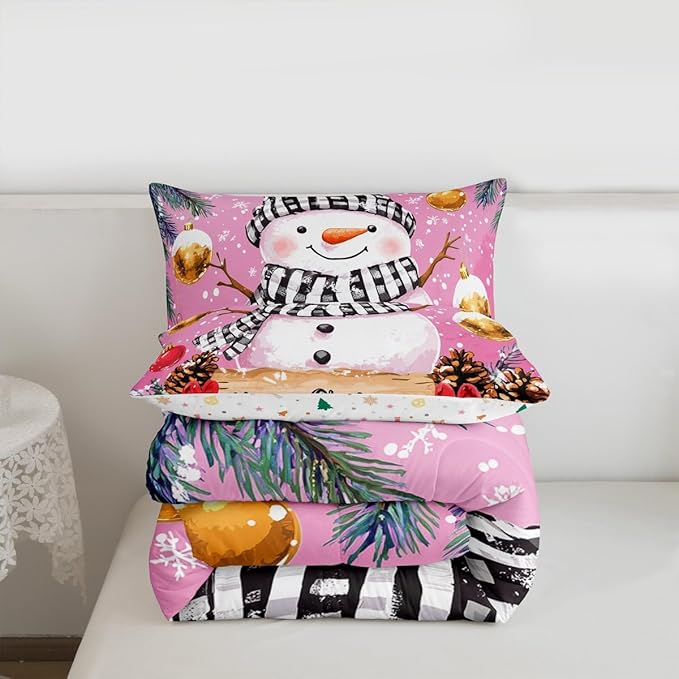 Feelyou Merry Christmas Bedding Set Soft for Boys Girls, Cute Snowman Comforter Set Queen Size Snowflake Duvet Quilt Microfiber Winter Bedroom Decor 3 Pcs with 2 Pillow Cases