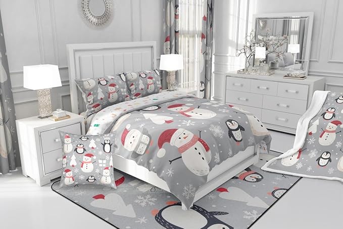 Feelyou Christmas Comforter Set Toddler Size Snowman Snowflake Bedding Set for Kids Boys Girls Penguin Duvet Quilt New Year Gift Bedroom Decor Microfiber 2 Pcs with 1 Pillow Cases