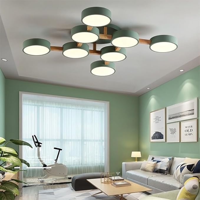 LED Flush Mount Ceiling Light Fixture with 3000K/4000K/6000K Temperatures Selectable,44Inch 96W Chandelier Modern Wood Ceiling Lamp for Bedroom Kitchen, 8-Lights Indoor Lighting Green Pendant Light