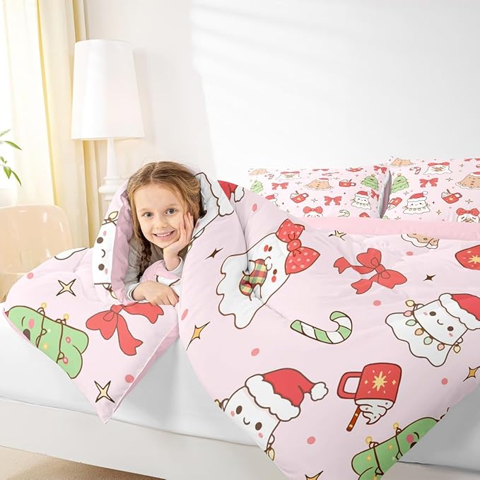 Feelyou Christmas Bedding Set Soft for Boys Girls, Cute Bow Comforter Set Queen Size Cute Ghost Duvet Quilt Microfiber Coquette Bow Knot Bedroom Decor Candy Print 3 Pcs with 2 Pillow Cases