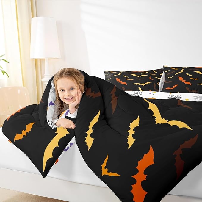 Erosebridal Bat Comforter Set for Kids Halloween Quilt Bats Animal Silhouette Bedding Set Toddler Size Happy Holiday Gothic Style Bedding Comforter Sets with 1 Pillow Case,Yellow and Orange