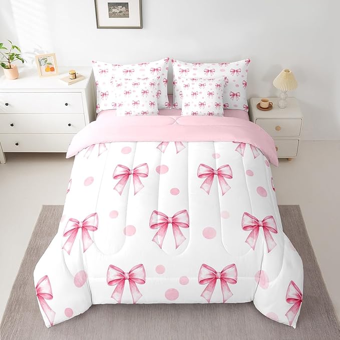 7 Pieces Pink Bow Princess Comforter Twin,Bowknot Geometric Dots Toddler Bedding Set,Butterfly Knot Bow Tie Romantic White Simple（Comforter+Fitted+Flat Sheet+2 Pillowcases+2 Throw Pillow Covers）