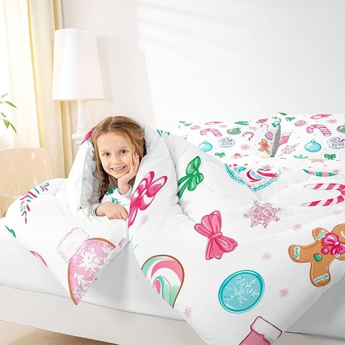 Feelyou Candy Cane Comforter Set Full Size Christmas Ornament Bedding Set for Kids Boys Girls Snowflake Duvet Quilt Festive Bow Bedroom Decor Christmas Stocking Microfiber 3 Pcs with 2 Pillow Cases