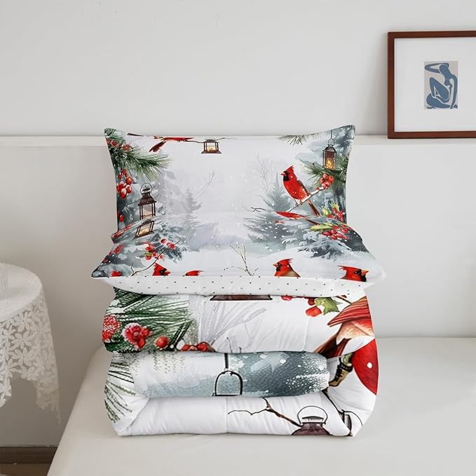 jejeloiu Kids Red Cardinal Comforter Set Full Size Christmas Theme Bedding Set for Boys Girls Teens Xmas Birds Winter Country Woodland Animal Duvet Quilt Room Decor