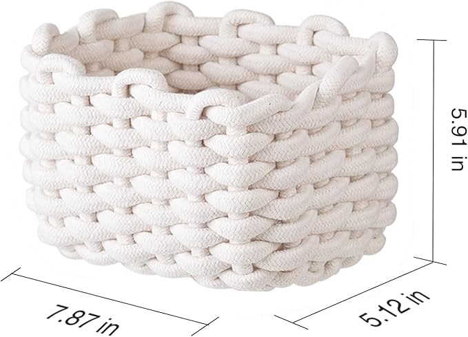 Small Storage Square Basket for Organizing, Cute Bedside Caddy for Little Items, Cotton Rope Woven Basket for Shelves, Bathroom, Dresser Top, Desk, Minimalist Chic Design for Nursery, Bedroom, Office