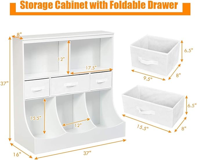 HONEY JOY Kids Toy Storage Organizer with Bookcase, 8-Cubby Organization Cabinet w/Display Shelf & 3 Removable Fabric Bins, Wooden Toy Storage Unit for Playroom, Nursery, Daycare (White)