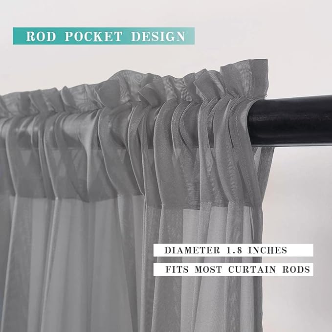 MIULEE 2 Panels Kitchen Tiers Half Window Sheer Curtains Rod Pocket Voile Drapes for Kitchen Bathroom Small Windows 29 by 36 Inch Charcoal Grey