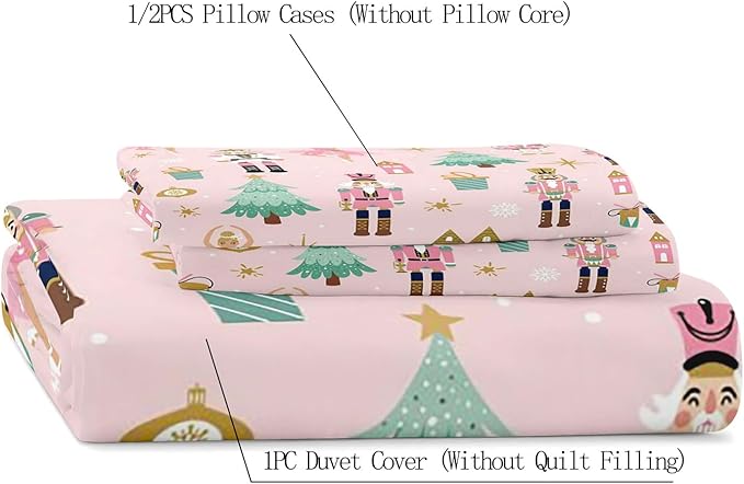 LUVIVIHOME 3PCS Christmas Nutcracker Duvet Cover King Bedding Set, Light Pink Duvet Cover, Teen Girl Bedding, Christmas Tree Snowflake Winter Holiday Xmas Gifts Kids Comforter Cover, 2 Pillow Shams