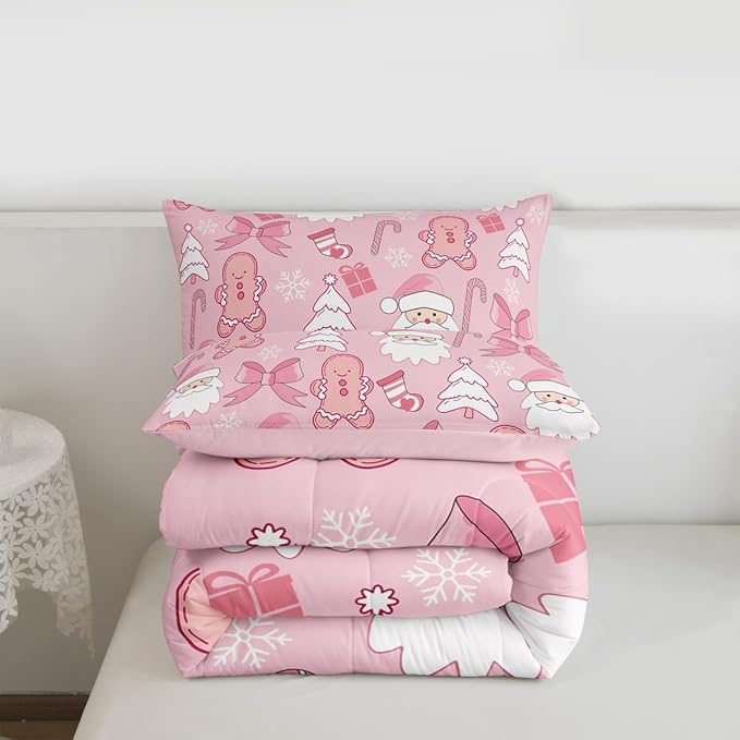 Feelyou Pink Christmas Bedding Set Soft for Boys Girls, Santa Claus Comforter Set King Size Gingerbread Man Duvet Quilt Microfiber Bow Candy Cane Bedroom Decor 3 Pcs with 2 Pillow Cases