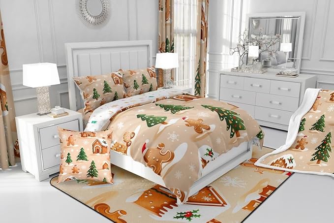 Feelyou Christmas Bedding Set Soft for Boys Girls, Gingerbread Man Comforter Set King Size Snowflake Duvet Quilt Microfiber Xmas Tree Bedroom Decor 3 Pcs with 2 Pillow Cases