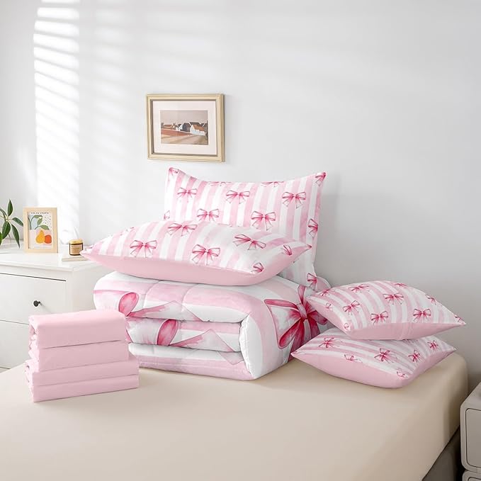 7 Pieces Pink Bowknot Kids Comforter King,Bow Tie Geometric Stripe Bedding Set,Butterfly Knot Princess Style Fashion Pink Romantic（Comforter+Fitted+Flat Sheet+2 Pillowcases+2 Throw Pillow Covers）