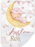 Personalized Baby Blanket for Girls, Custom Name Blanket for Newborn Toddler, Soft Flannel with Double Layer Dotted Backing, Gifts for Baby Shower Christmas Birthday, Pink Moon Bear(47" x60)