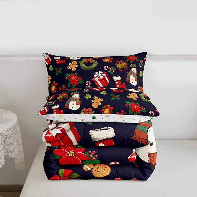jejeloiu Merry Christmas Comforter Set Queen Size Cute Snowman Bedding Set for Kids Boys Girls Gingerbread Man Duvet Quilt Dark Blue Bedroom Decor