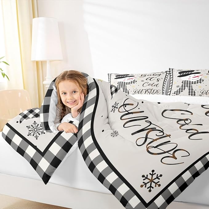 Kids Christmas Snowman Comforter Set Queen Size,Snowflake Winter Bedding,Girls Boys Adults Bedroom/Xmas Cabin Decor,Geometric Grids Lattice Down Comforter,Rustic Vintage Duvet Insert,2 Pillowcases